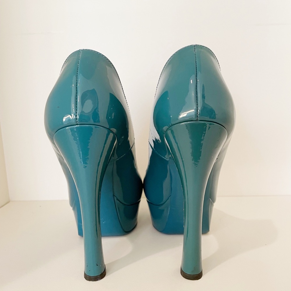 Yves Saint Laurent Palais Patent Leather Peep Toe Heels Teal Blue Size 36.5 - Picture 8 of 15